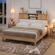 Beaully King Size Rattan Bed Frame With 2 Tier Shelves, Boho Rattan Bed Frame With Shelf Headboard Sliding Door, Wood Foundation With Silent Slats, No Box Spring Needed - Brown - View 5