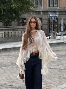 Boho Coquette Sheer Ruffle Kimono - Flowy Chiffon Open Front Cover-Up With Neck Scarf - Trắng ngà - Xem 8