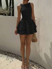 Vestido corto de ajuste ceñido sin mangas con estampado de cuadros azules y cinturón, estilo francés dulce para vacaciones de verano - Negro - Ver 5
