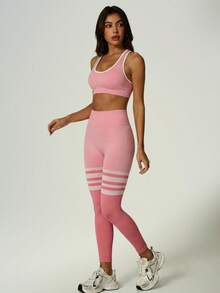UONNOU Seamless Striped Sports Leggings, Butt Lifting Compression Workout Pants - Pink - View 8