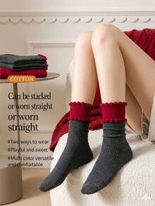 1/3 Pair Black Ribbed Contrast Mid-Calf Socks, Versatile Ballet Style Fuzzy Socks For Spring & Autumn - Multicolor - View 3