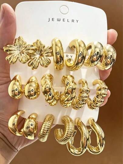 6-18pcs Gold-Tone Fashion Earring Set, Stylish & Elegant, Suitable For Daily, Party, And Event Wear