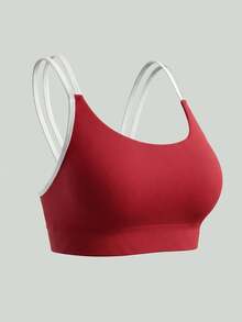 Crisscross Back Sports Bra, Contrast Trim Seamless Workout Top - Red - View 4