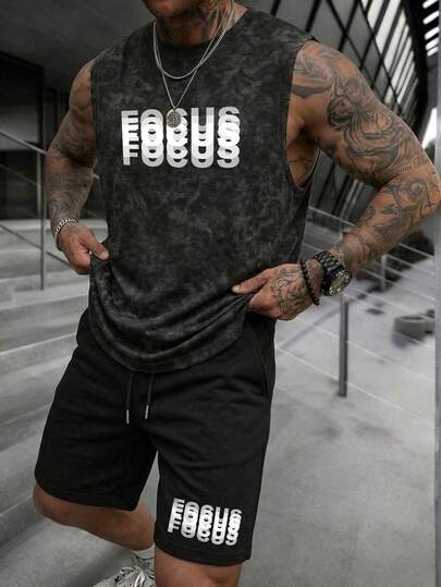 Men's Casual Set: Crew Neck Washed Tank Top And Drawstring Shorts