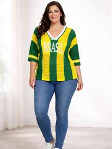 Brazil Women's Plus Size V-Neck Knit Blouse, Sizes M To XL, Brazilian National Team Style - 黃色 - 查看 8