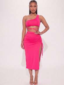 Women's Sexy One Shoulder Crop Top With Criss Cross Detail And Ruched Split Thigh Midi Skirt Two Piece Set Comfortable Knitted Fabric For Casual Or Party Wear - Fuchsia - View 1