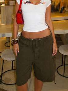 Women Fashion Denim Shorts Solid Color Six Pockets Drawstring Elastic Waist Jeans Shorts Summer Oversized Cargo Shorts - 軍綠色 - 查看 2