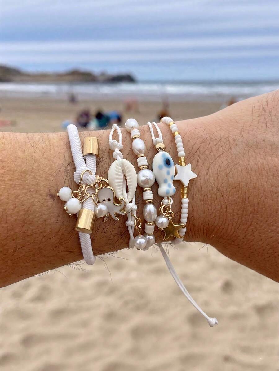 5pcs/Set Cute Cartoon Octopus, Shell, Ceramic Fish Stretch Bracelets, Suitable For Women Daily, Vacation, Shopping Outfit - White - View 1