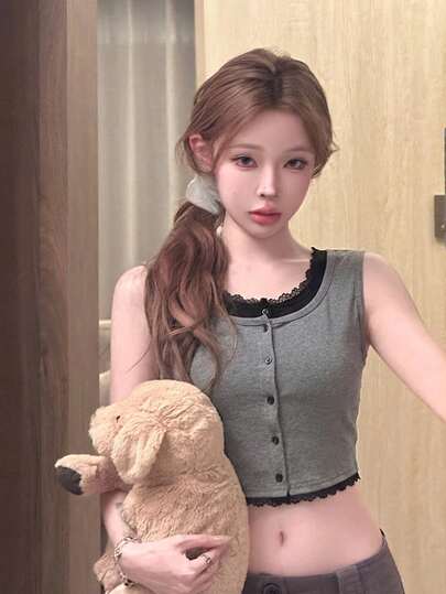Áo thun nữ cổ tròn không tay ngắn ôm sát màu tương phản, cài nút phía trước, 2 trong 1, thời trang thường ngày, xuân/hè