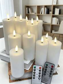 12pcs Flameless LED Pillar Candle Set With Remote Control, Battery Operated Candles For Home/Christmas/Wedding Decor - White - View 8