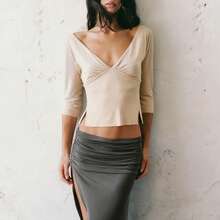 2026 Womens Multi-Color 3/4 Sleeve Fitted Top Ruched Bust Casual & Date Night Blouse - 杏色 - 查看 12