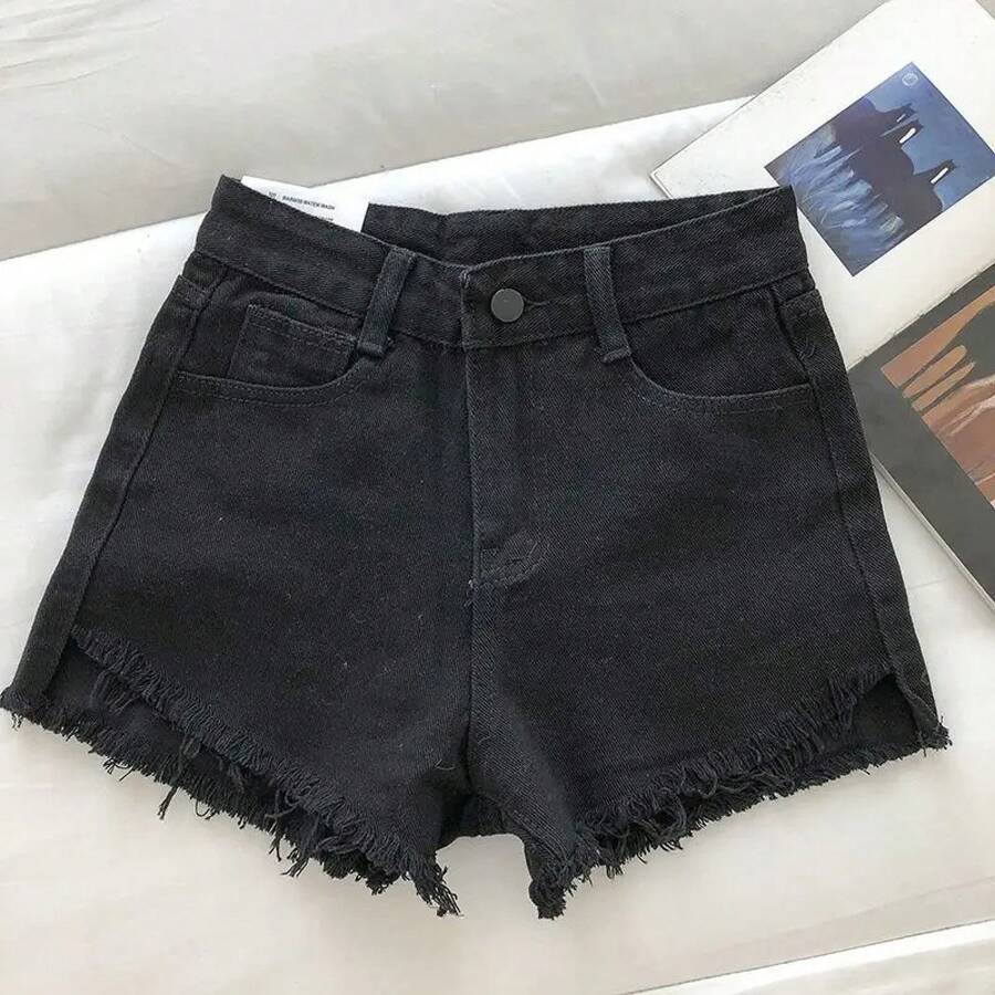 Pantalones cortos vaqueros con dobladillo crudo para mujer, Shorts de pierna ancha, color blanco, negro y azul, estilo coreano, Verano - Negro - Ver 1