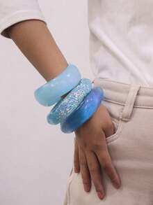 3pcs Set Elegant Minimalist Purple Asymmetrical Resin Bracelet Set, Suitable For Personal Style - Baby Blue - View 4