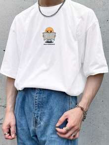 Cute Cartoon Print Off-Shoulder Short-Sleeved T-Shirt, Suitable For Casual Wear. - 黑色的 - 查看 10