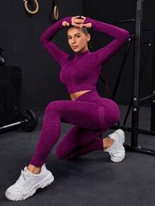 Seamless Zip-Up Tracksuit With Thumb Holes - [Purple] - View 2