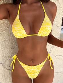 New Soft Fabric Blue Spaghetti Strap Backless Sexy Party Bikini Set, Summer Beach Fashion Women Bikini Vacation - Yellow-1 - View 1
