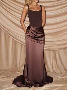 Conjunto de vestido de fiesta elegante con tirantes finos, espalda descubierta, lazo y drapeado - Marrón - Ver 4