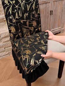 Romantic Flowing Skirt! 1pc Gold Foil Geometric Chair Cover, Dust-Proof, Elastic Full Coverage Old Chair Makeover Tool, Low-Cost Renovation For Wedding/Restaurant/Rental Recommended - Gold-stamped Geometric Skirt Chair Cover - View 7