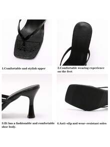 Women's Classic High Heel Flip Flops, Simple And Elegant High Heel Colorblock Sandals, Summer Fairy Style Stiletto Heel Toe-Post Slides, One-Strap Toe-Split Sandals, Beach Vacation Fashion Cross Strap Women's Shoes, Office Home Outdoor Square Toe Design, Stylish And Unique, Stiletto Heel Adds Elegance, Comfortable And Fashionable - Black - View 8