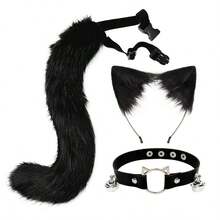 Faux Fur Cat Ears Hair Clip Furry Wolf Fox Tail Halloween Bell Leather Neck Chocker Cosplay Set - Black - View 7