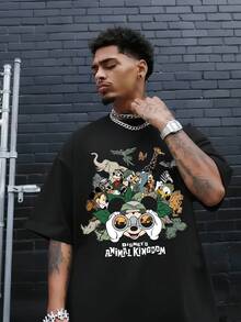 Disney Authorized Mickey Mouse And Disney Animal Kingdom Cartoon Patterns And Disney Animal Kingdom Letter Prints, Men's Black Pure Cotton Short Sleeved T-Shirt, Breathable White Short Sleeved T-Shirt, Suitable For Summer Wear, Neutral, Regular Round Neck Casual Style, Washable, Comfortable And Loose. - màu đen - Xem 1