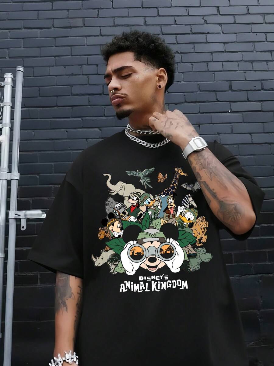 Disney Authorized Mickey Mouse And Disney Animal Kingdom Cartoon Patterns And Disney Animal Kingdom Letter Prints, Men's Black Pure Cotton Short Sleeved T-Shirt, Breathable White Short Sleeved T-Shirt, Suitable For Summer Wear, Neutral, Regular Round Neck Casual Style, Washable, Comfortable And Loose. - màu đen - Xem 1