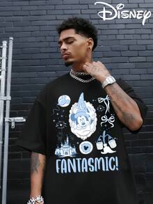Disney Authorized Mickey Mouse And Disney Dreamland Cartoon Patterns And Letter Prints, Men's Black Pure Cotton Short Sleeved T-Shirt, Breathable White Short Sleeved T-Shirt, Suitable For Summer Wear, Neutral, Regular Round Neck Casual Style, Washable, Comfortable And Loose. - Black - View 1