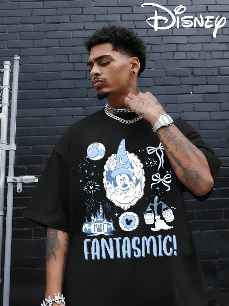 Disney Authorized Mickey Mouse And Disney Dreamland Cartoon Patterns And Letter Prints, Men's Black Pure Cotton Short Sleeved T-Shirt, Breathable White Short Sleeved T-Shirt, Suitable For Summer Wear, Neutral, Regular Round Neck Casual Style, Washable, Comfortable And Loose. - Black - View 1