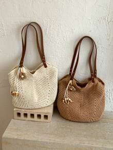 Sac en crochet ajouré ivoire/kaki, sangle en PU + décoration de perles en bois floral, sac à bandoulière décontracté pour les vacances à la plage & les trajets, sac sous le bras en maille fait main, sac fourre-tout de style bohème, sac de shopping d'été pour la plage - Multicolore - Voir 5