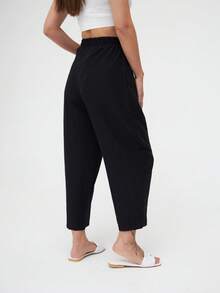 Women High Waist Drawstring Harem Pants Loose Fit Lightweight Summer Casual Trousers - Black - View 8