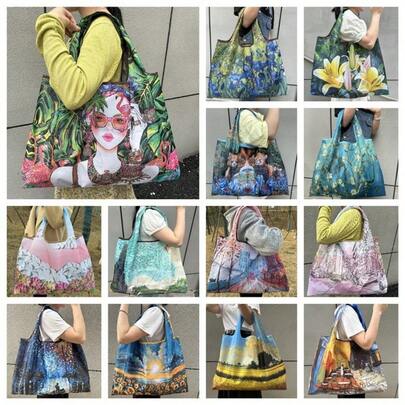 1 pieza Bolso de mano de moda para fitness y compras, bolso de hombro portátil de gran capacidad para mujeres, diseño plegable con múltiples patrones, adecuado para uso diario, oficina y viajes