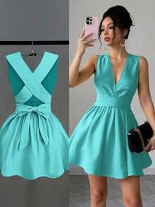Vestido mini elegante y sexy para invitada de boda con cuello en V cruzado, sin mangas y silueta evasé, diseño versátil para conciertos, playa, fiestas, primavera/verano, con bolsillos, vestido de noche con espalda descubierta, color amarillo mantequilla - verde menta - Ver 6