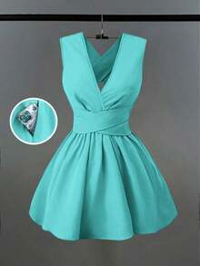 Vestido mini elegante y sexy para invitada de boda con cuello en V cruzado, sin mangas y silueta evasé, diseño versátil para conciertos, playa, fiestas, primavera/verano, con bolsillos, vestido de noche con espalda descubierta, color amarillo mantequilla - verde menta - Ver 12