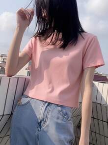 Short Sleeve T-Shirt, Solid Color, New Summer Style, Slim Fit, Versatile Round Neck Top Casual Pink - Pink - View 3