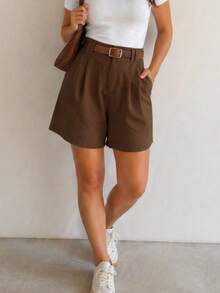 Women's Tailored Bermuda Shorts, High Waist With Belt, Elegant, Casual, Comfortable For Everyday Wear - 鏽棕色 - 查看 1