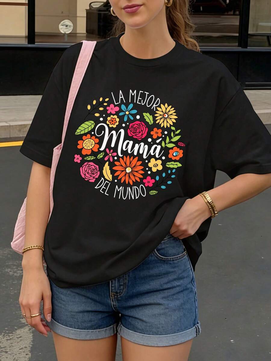 Camiseta Negra con Estampado Floral y Texto La Mejor Mama del Mundo para Mujer Casual - Negro - Ver 1