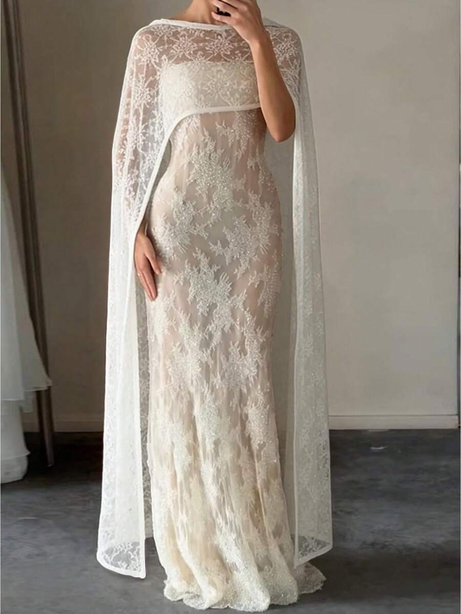 Women's Lace Long Poncho Fashionable Elegant Lightweight Solid Color Shawl Wrap for Evening Party - Blanco - Ver 1