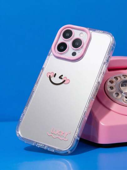 1个玫瑰脸颊笑脸幸运镜面手机壳，创意碰撞彩色镜片边框防震1.5mm厚双层PC硬壳，兼容 16/16 Pro/16 Pro Max/16 Plus/15/14/13/12/11/16E，防水防摔防刮。