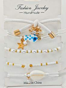 5pcs/Set Cute Cartoon Octopus, Shell, Ceramic Fish Stretch Bracelets, Suitable For Women Daily, Vacation, Shopping Outfit - White - View 2