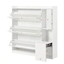 Versatile Tilting Shoe Cabinet With 3 Fold-Down Drawers, Storage Entryway Organizer With Drawer, Freestanding Shoe Rack With Fold-Down Bench For The Hallway, White, 119*24*122 - White - View 7
