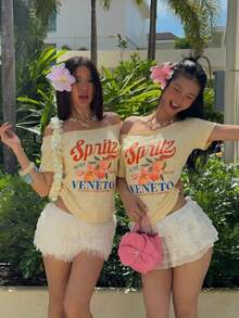 女款復古 Spritz Italia 圖案針織圓領短袖落肩 T-shirt 上衣，春季街頭風夏季款 - 淡黃色 - 查看 5