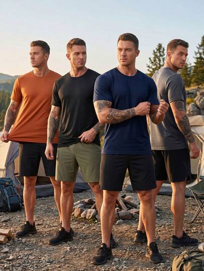 4pcs Men's Solid Color Outdoor Sports Short Sleeve T-Shirts, Breathable Crew Neck Hiking Tees, Multi-Color Options For Casual Daily Sports Versatile Wear