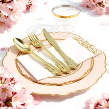 350PCS Pink Gold Plastic Plates For Party Dinnerware Sets For 50 Guests, Vintage Disposable Plastic Party Plates Cups Spoons Forks Knives Napkins For Wedding Birthday Christmas BBQ Parties - Rượu sâm banh - Xem 3
