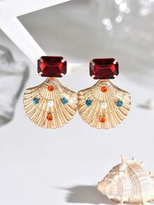 1 Pair Boho Golden Shell Summer Earrings With Red Acrylic &Multicolor Rhinestones&Faux Pearl, Vintage Ocean Statement Jewelry For Women, Beach Holiday Accessories ,Daily Wear Date Party Mother's Day Gift - Red - View 3