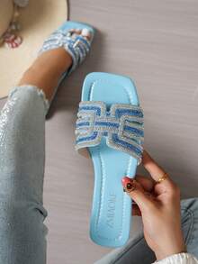 ZMIAOKE Women's Elegant Sandals With Rhinestones And Pearls, White And Pink Flat Slippers For Summer, Indoor Ladies Slippers - Blue - View 7