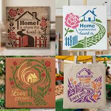 4 piezas de plantillas reutilizables con silueta de casa, aptas para manualidades DIY, decoración de pared de estilo granja, incluye plantillas de corona, patrones de guijarros y cita "El hogar es donde está el corazón", se pueden usar para scrapbooking, tarjetas de felicitación, pintura en tela - 4 piezas - Ver 3