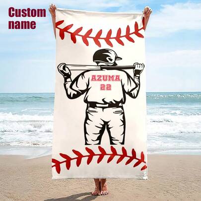 1pc Customized Baseball Themed Beach Towel - Personalized Name And Team Design, High Quality Polyester, Large Rectangular Towel With Stitching And Player Silhouette, Ideal For Pool, Camping, Travel And Yoga, Personalized Beach Towel