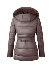 Giolshon Women's Faux Leather Down Jacket, Faux Fur Collar, Teacher Uniform, Adjustable Waist Belt, Fashionable Commuting And Layering, Autumn/Winter - Dark Brown - View 3