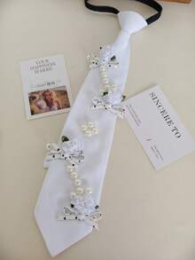 1 chiếc vòng cổ ngắn, vòng cổ choker bằng polyester màu đen với họa tiết hoa cúc xanh tươi tắn và trang trí ngọc trai, phụ kiện phong cách Y2K dành cho nhóm nhạc nữ, buổi hòa nhạc, tiệc tùng, chụp ảnh đường phố. - Ngọc trai hoa nhỏ màu trắng - Xem 2