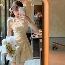 Women Short Dresses - Yellow Floral Pattern - View 3
